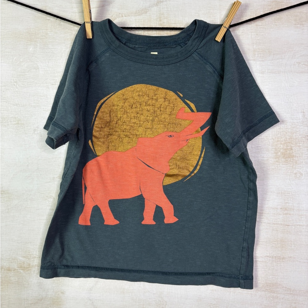 Tea Collection Elephant Graphic Tee - Dark Teal, gold and Coral